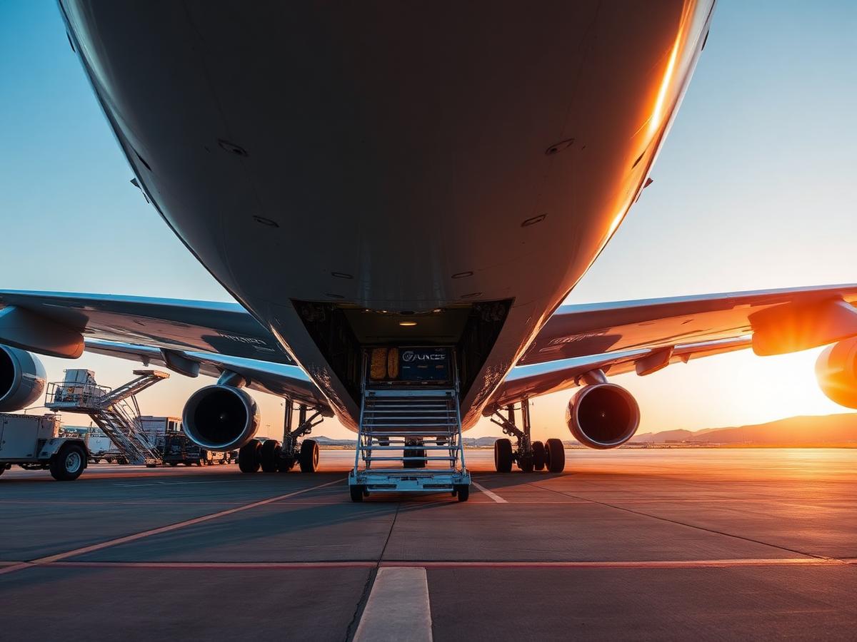 Cargo freighter aircraft being loaded at sunset